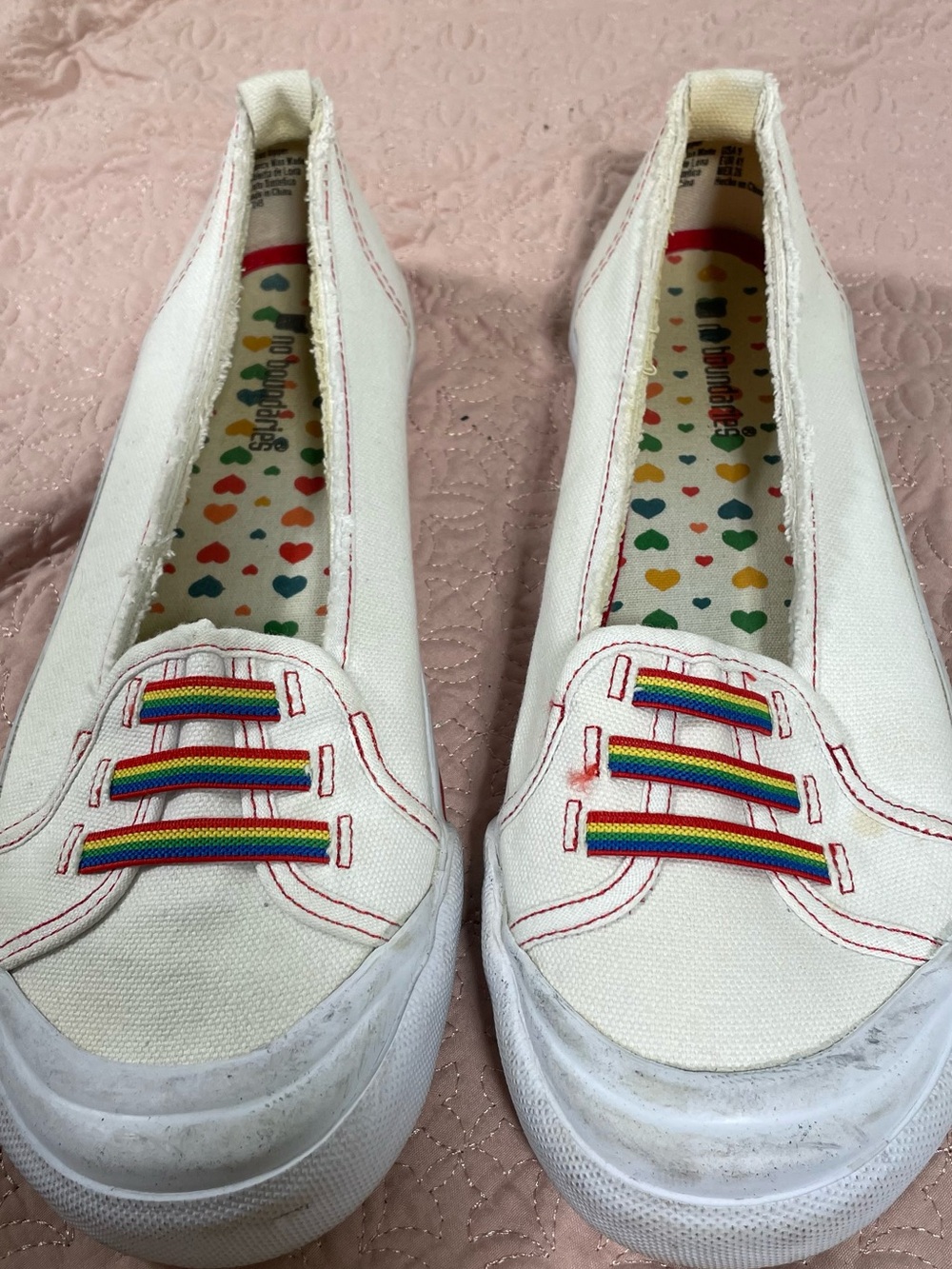 No Boundaries White Canvas Slip-On Sneakers with Rainbow Elastic Laces